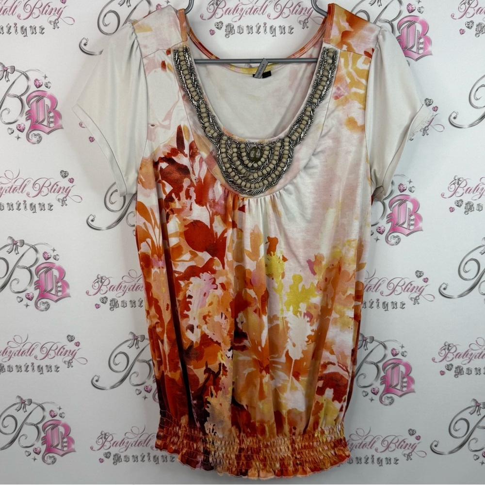Amanda Green T-shirt Flowers Chic Floral Women's Blouse Embellished Neckline